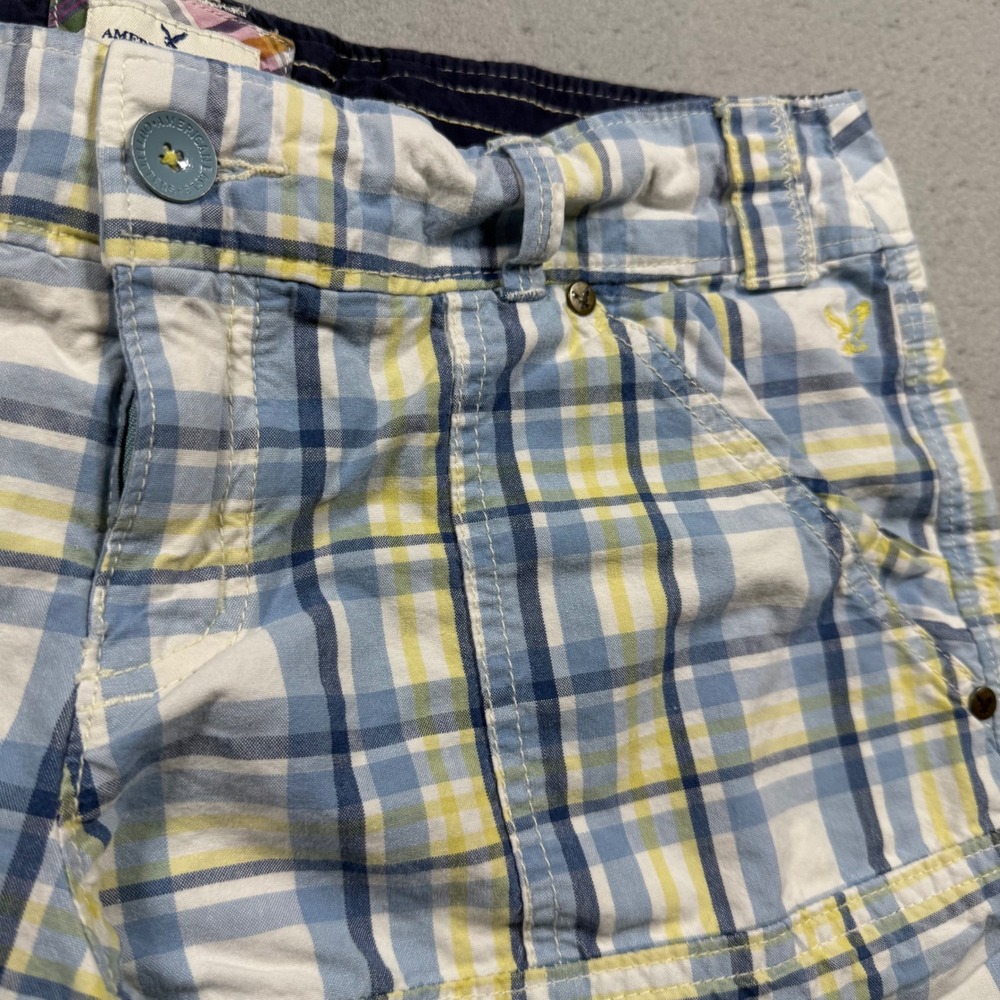 American‎ Eagle Plaid Shorts Blue Yellow White Cinch Back Cotton Womens 14